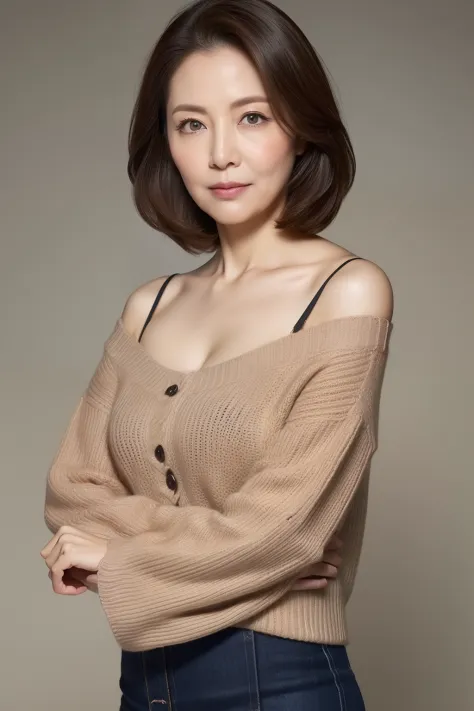hight resolution, high-level image quality, high detailing, ​masterpiece, Textured skin, tre anatomically correct, sharp, greybackground, ((japanese mature, sixty years old)), 独奏, ((Wrinkles on the face)), large breasts with good shape, Light brown straigh...