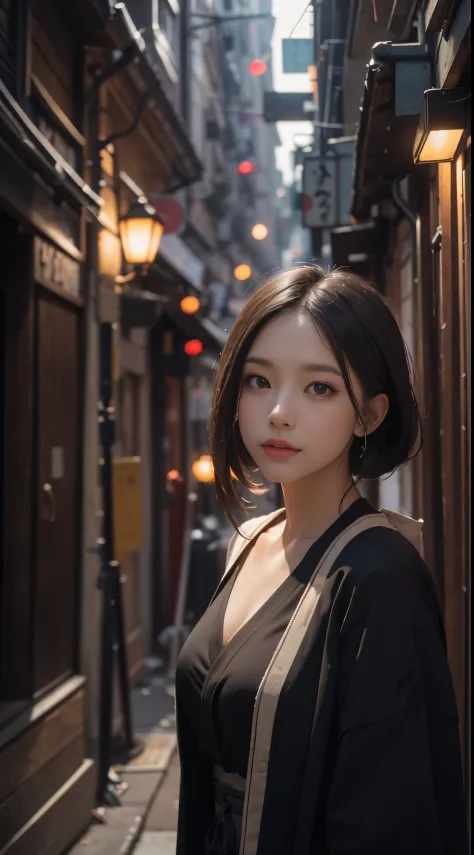 8k, best quality, highres, realistic, real person, a young woman walking down the narrow, secluded alley of a traditional japane...