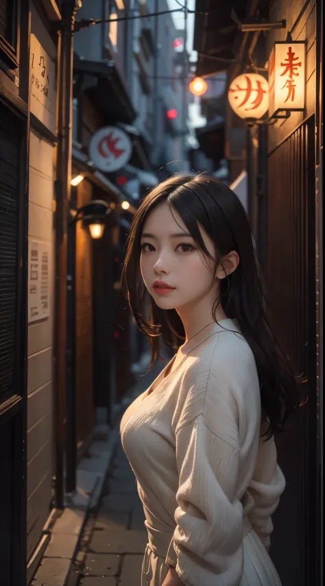 8k, best quality, highres, realistic, real person, A young woman walking down the narrow, secluded alley of a traditional Japanese downtown. She's dressed in modern, casual clothing, blending seamlessly with the intimate, timeless atmosphere of the alley. ...