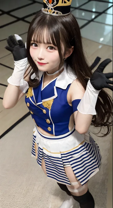 masutepiece, Best Quality, absurderes, Perfect Anatomy, 1girl in, Solo, Kosaka Band, Long hair, band uniform, White Gloves, Shako Cap, stage, audience, Standing, Waving, A smile,kosaka queen,look at viewr,From  above
