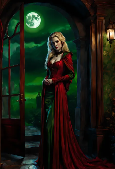 a picture of vampire standing in the front of her home, an exquisite beautiful female vampire in her front door of her home, ful...