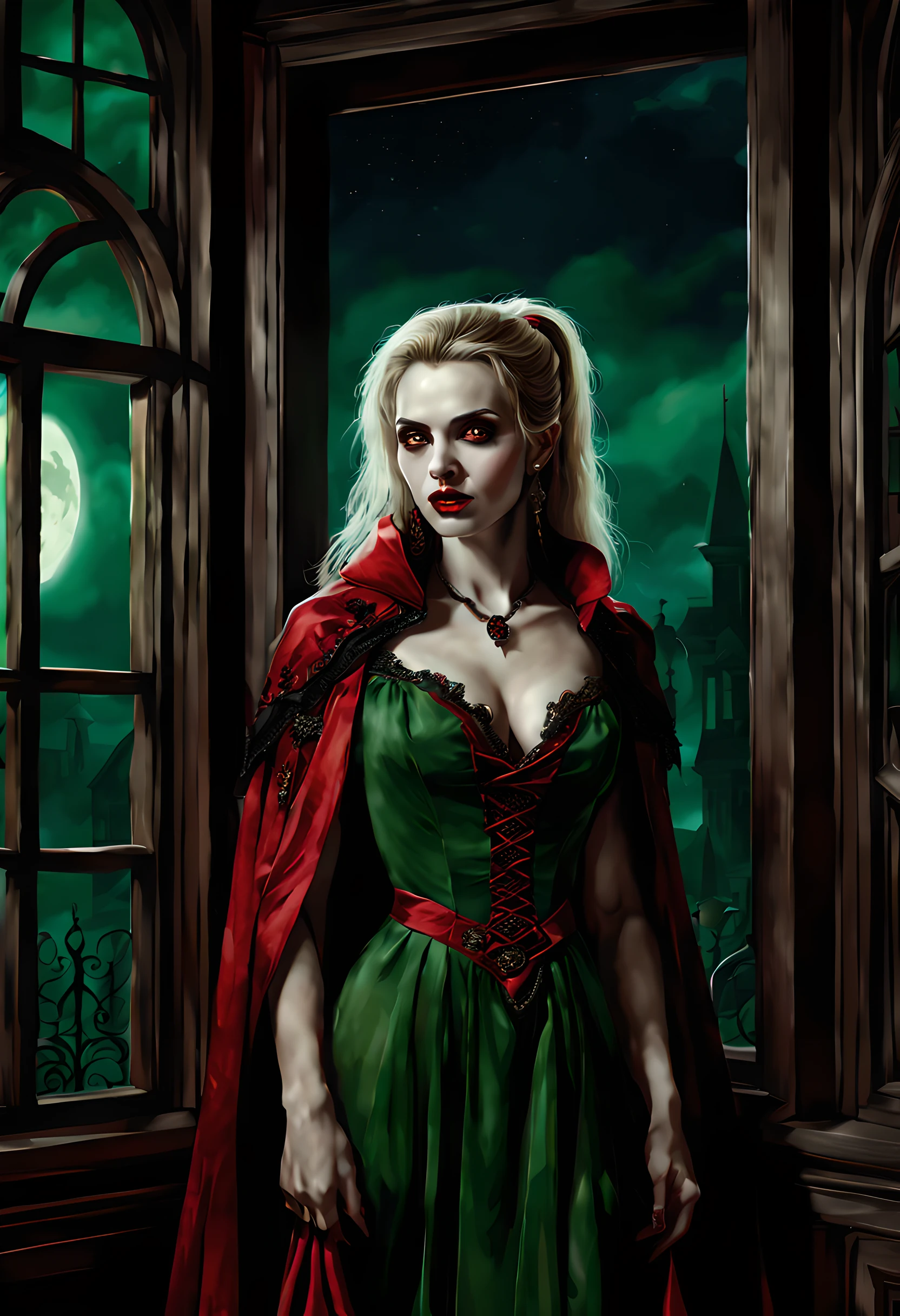 a picture of vampire standing in the front of her home, an exquisite beautiful female vampire in her front door of her home, full body (ultra detailed, Masterpiece, best quality), ultra detailed face (ultra detailed, Masterpiece, best quality), grey skin: 1.3 , blond hair, hair in a ponytail, long hair, blue eyes, cold eyes, glowing eyes, intense eyes, smile with [drops of blood on face] (ultra detailed, Masterpiece, best quality), dark red lips, [vampire fangs], wearing (red: 1.4) dress (ultra detailed, Masterpiece, best quality), (green: 1.4) dark green cloak, (green: 1.3) green high heeled boots in front of her home, torchlight,  high details, best quality, 16k, [ultra detailed], masterpiece, best quality, (ultra detailed), full body, ultra wide shot, photorealism, dark fantasy art, moon light coming through the window, moon rays, gothic art, sense of dread, sense of seduction, bloodmagic