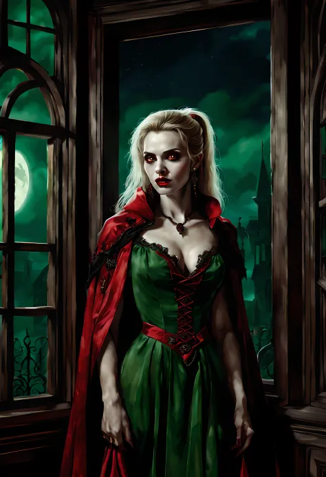 a picture of vampire standing in the front of her home, an exquisite beautiful female vampire in her front door of her home, ful...