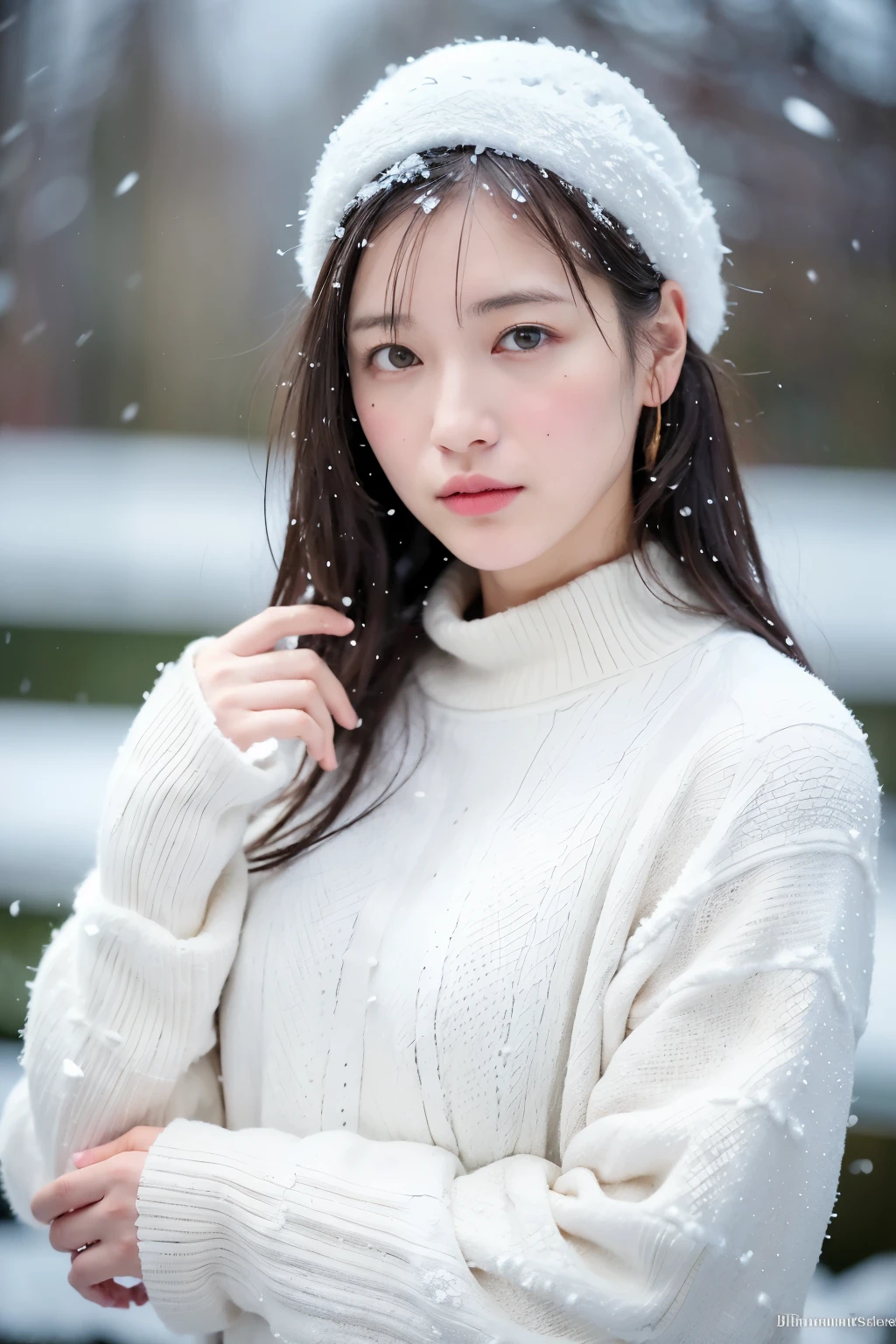(8K、최고 품질、테이블 탑、超A 고해상도:1.2) (Paul Rubens와 Rebecca Guay의 스타일:1.1) (우울한 겨울 눈:1.4) 아름다운 일본 여성들의 사진、분홍색 옷、