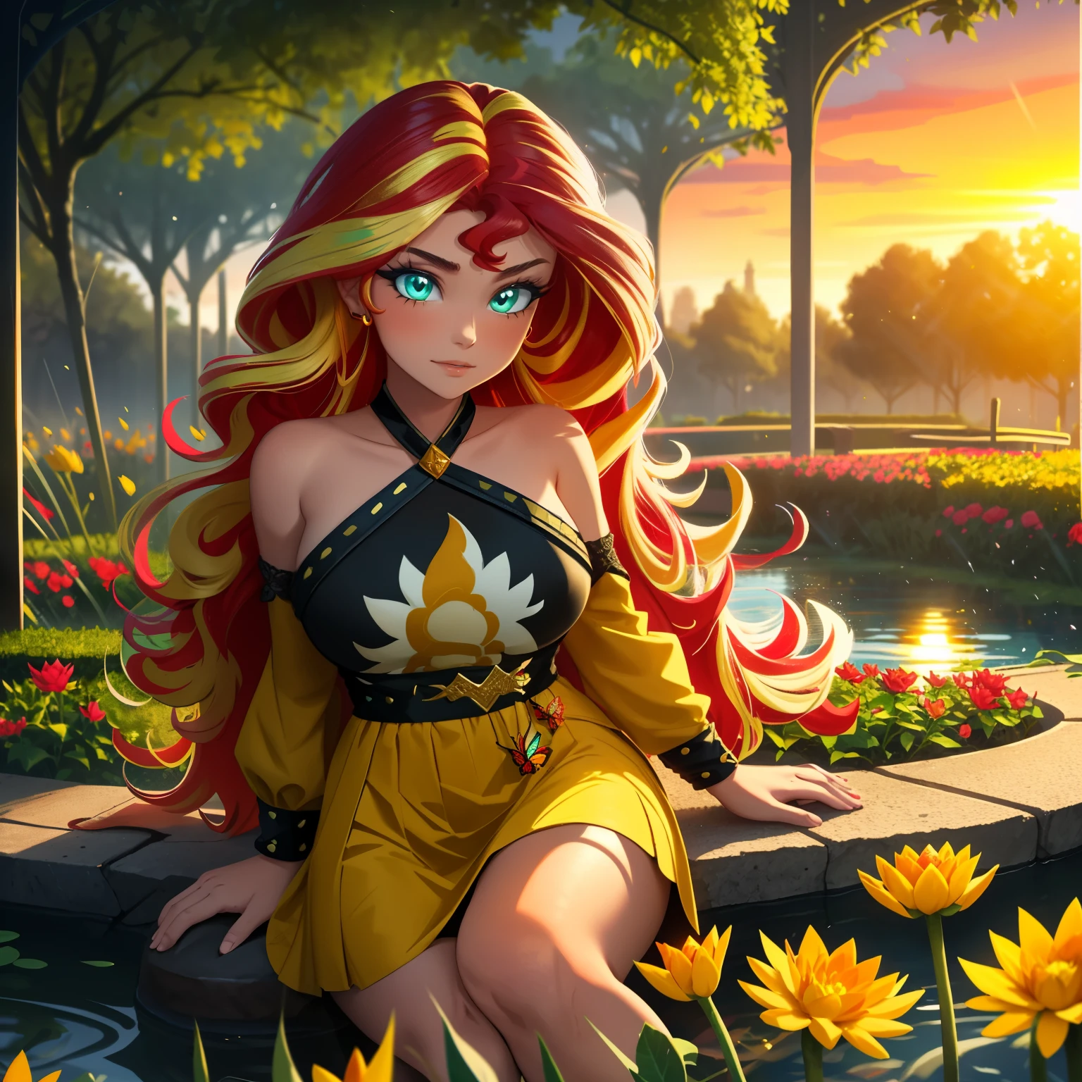 brilho do pôr do sol, brilho do pôr do sol from my little pony, brilho do pôr do sol in the form of a young woman, seios grandes, Seios exuberantes, dois tons de cabelo, cabelo ruivo e amarelo, em um jardim, flores vermelhas e amarelas, Sozinho, um personagem, vestido vermelho e amarelo: 1.5, mangas compridas, afinar, Olhos Turquesa, Sorriso gentil, lindo jardim detalhado: 1.5, sob uma árvore, árvores ACER PALMATUM: 2.5, sentado na grama, rosas flores todos: 1.5, Jardim de rosas: 1.5, so many connected ponds with nenúfares and flowers on it beautiful pond: 2.0,, nenúfares, flores de girassol por toda parte: 2.0, cabelos extremamente longos, pôr do sol: 2.0, POR DO SOL: 2.0, céu laranja brilhante e cintilante da noite, céu etéreo, coxa alta vermelha com padrões de fogo nela, legging altamente detalhada, ela está sentada perto das lagoas, reflexão sobre a água, olhos brilhantes brilhantes e cintilantes, atmosfera vibrante: 1.0, cenário de tirar o fôlego: 2.0, Iluminação altamente detalhada:1.0, iluminação dramática, tanta folhagem, diferentes variedades de flores coloridas ao seu redor, essas flores atraem borboletas, borboletas altamente detalhadas, ((one really afinar orange straight horn on her forehead: 1.0)), duas orelhas de gato laranja: 1.0, gazebos decorados com flores e arbustos