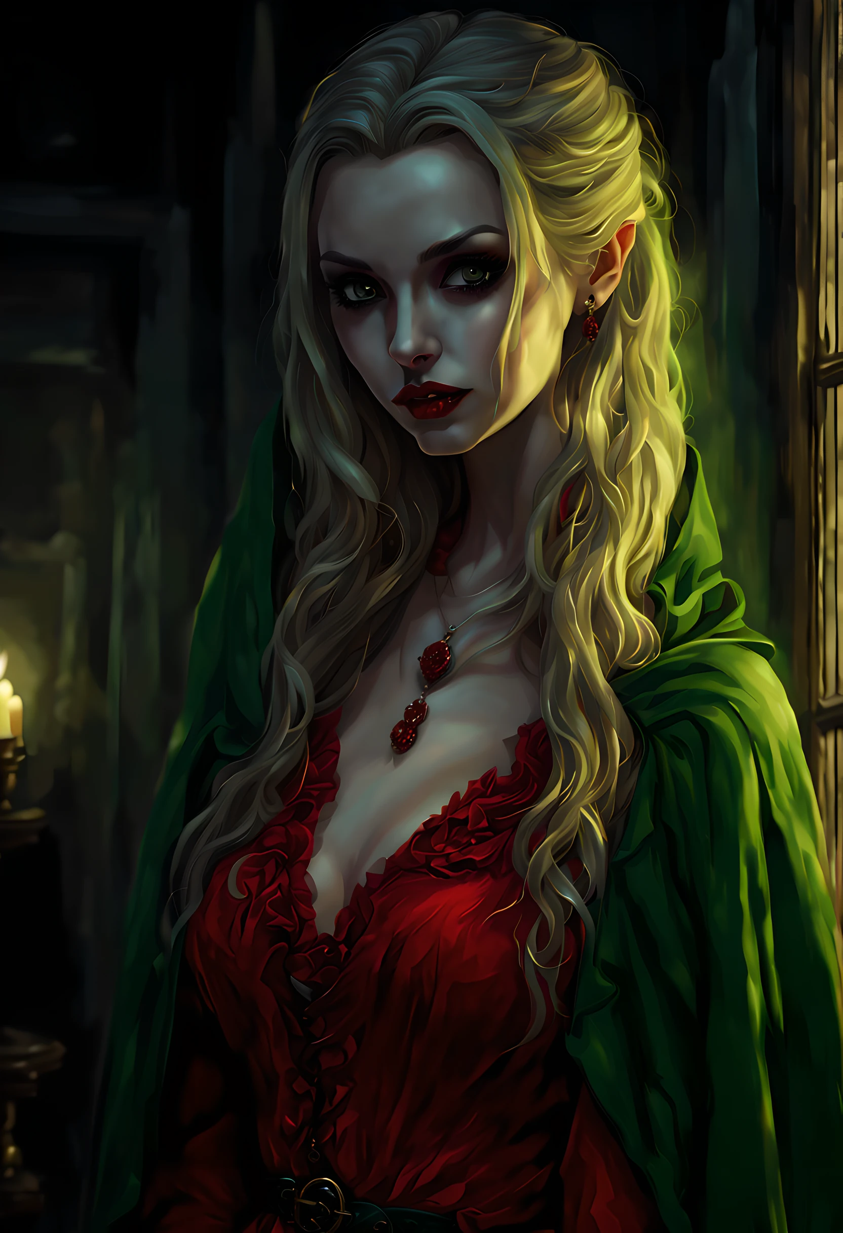 a picture of vampire standing in the front of her home, an exquisite beautiful female vampire in her front door of her home, full body (ultra detailed, Masterpiece, best quality), ultra detailed face (ultra detailed, Masterpiece, best quality), grey skin: 1.3 , blond hair, hair in a ponytail, long hair, blue eyes, cold eyes, glowing eyes, intense eyes, smile with [drops of blood on face] (ultra detailed, Masterpiece, best quality), dark red lips, [vampire fangs], wearing (red: 1.4) dress (ultra detailed, Masterpiece, best quality), (green: 1.4) dark green cloak, (green: 1.3) green high heeled boots in front of her home, torchlight, Cinematic Shot, Cinematic Lighting high details, best quality, 16k, [ultra detailed], masterpiece, best quality, (ultra detailed), full body, ultra wide shot, photorealism, dark fantasy art, moon light coming through the window, moon rays, gothic art, sense of dread, sense of seduction, bloodmagic