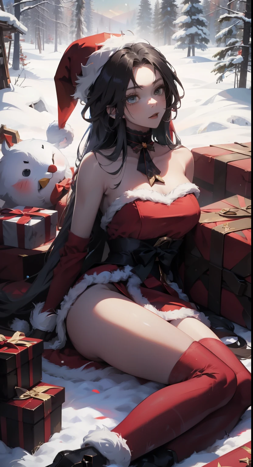 Anime girl in santa outfit sitting on snow with presents - SeaArt AI