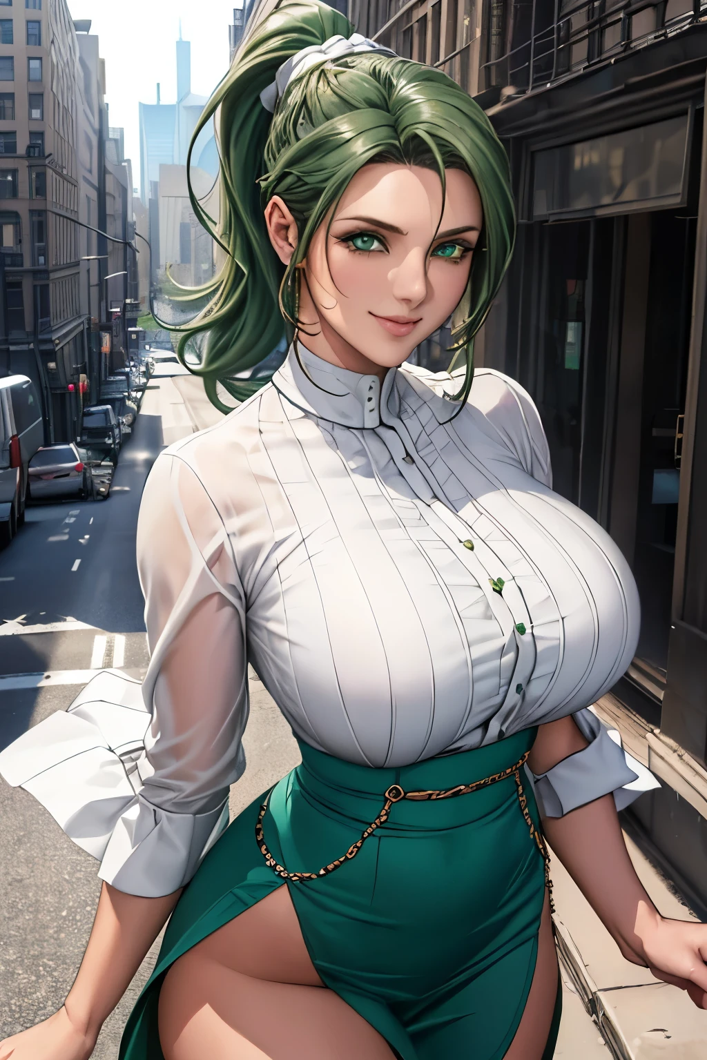 femele((30-years old)),  ((Green eyes)), Clothes((New York Fashion Week, white of light)),  Smiling, Breast Out, Ponytail, Accessories,