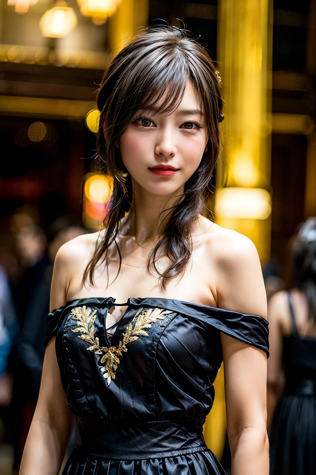 (Sweat:0.7),Black Wedding Dresses,Black short skirt,golden embroidery、Woman,Japanese,Exquisiteface, Beautiful face,Bare shoulders,Shoulders slightly exposed,Translucent skin,Black eyes,Black hair,(Photorealistic:1.4),Realistic details, High resolution,Bokeh,excellent details