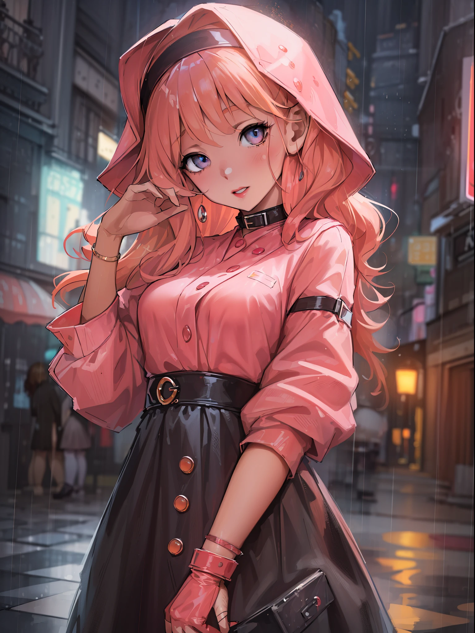 ((Best quality, 8k, peach dress, standing in the rain, red light district, highly detailed face and skin texture, detailed eyes