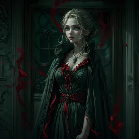 a picture of vampire standing in the front of her home, an exquisite beautiful female vampire in her front door of her home, ful...