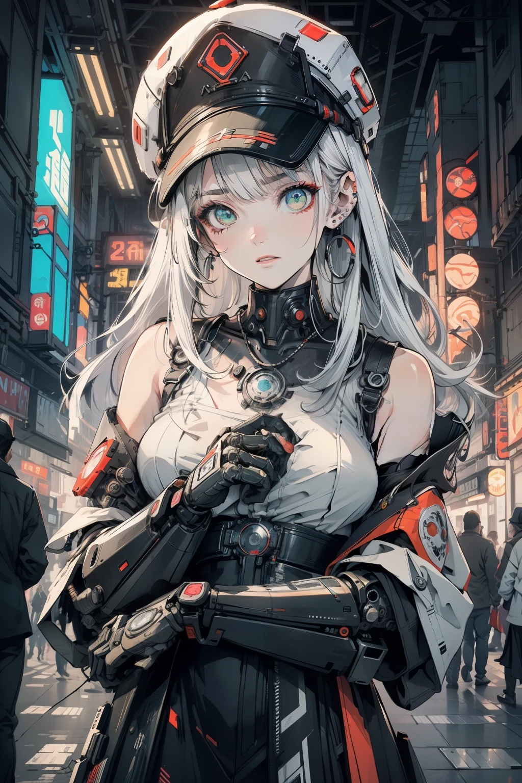 A woman in a futuristic outfit holding a gun in a city - SeaArt AI