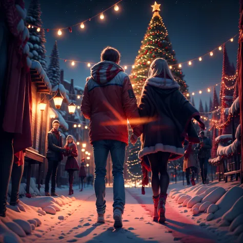 Thick white snow world，A huge Christmas tree stands 20 meters high in the middle of the town，It&#39;s covered with starry lanter...