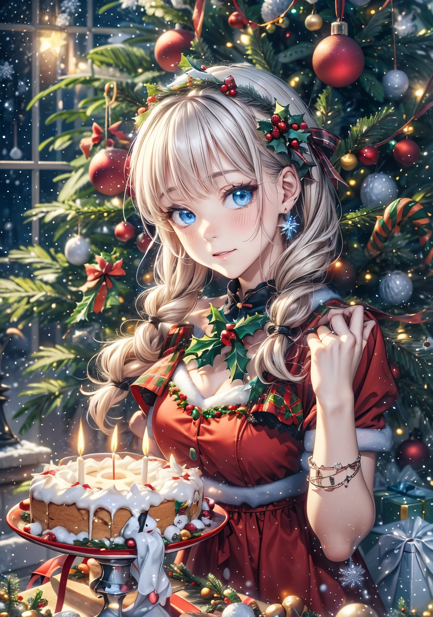 absurderes, ultra-detailliert,bright colour, Short hair,Blonde hair with fluffy short twintails:1.2)Shiny hair,(gothic lorita:1.3),(Embarrassing and embarrassed face:1.3),(Christmas tree:1.3),(Christmas Decorations:1.3),Delicate beautiful face, red blush、(Deep Blue Eyes:1.5), White skin, hair clips, earrings, a necklace,There&#39;What I really want for Christmas this year,bright red, Not a diamond wrapped in a bong,you gave me the most important thing,In front of the fir tree and fireplace,big dog and little cake,Light a candle,Merry Christmas spent just the two of us,before I met you, I swore I would never fall in love again.,The feeling of believing will someday be covered with a black core,Santa Claus in a dream,I pray to God,
Please give me someone more important than glitter,So that I can always overcome deep sadness with you.,Light a candle
2人だけで祈るMerry Christmas,