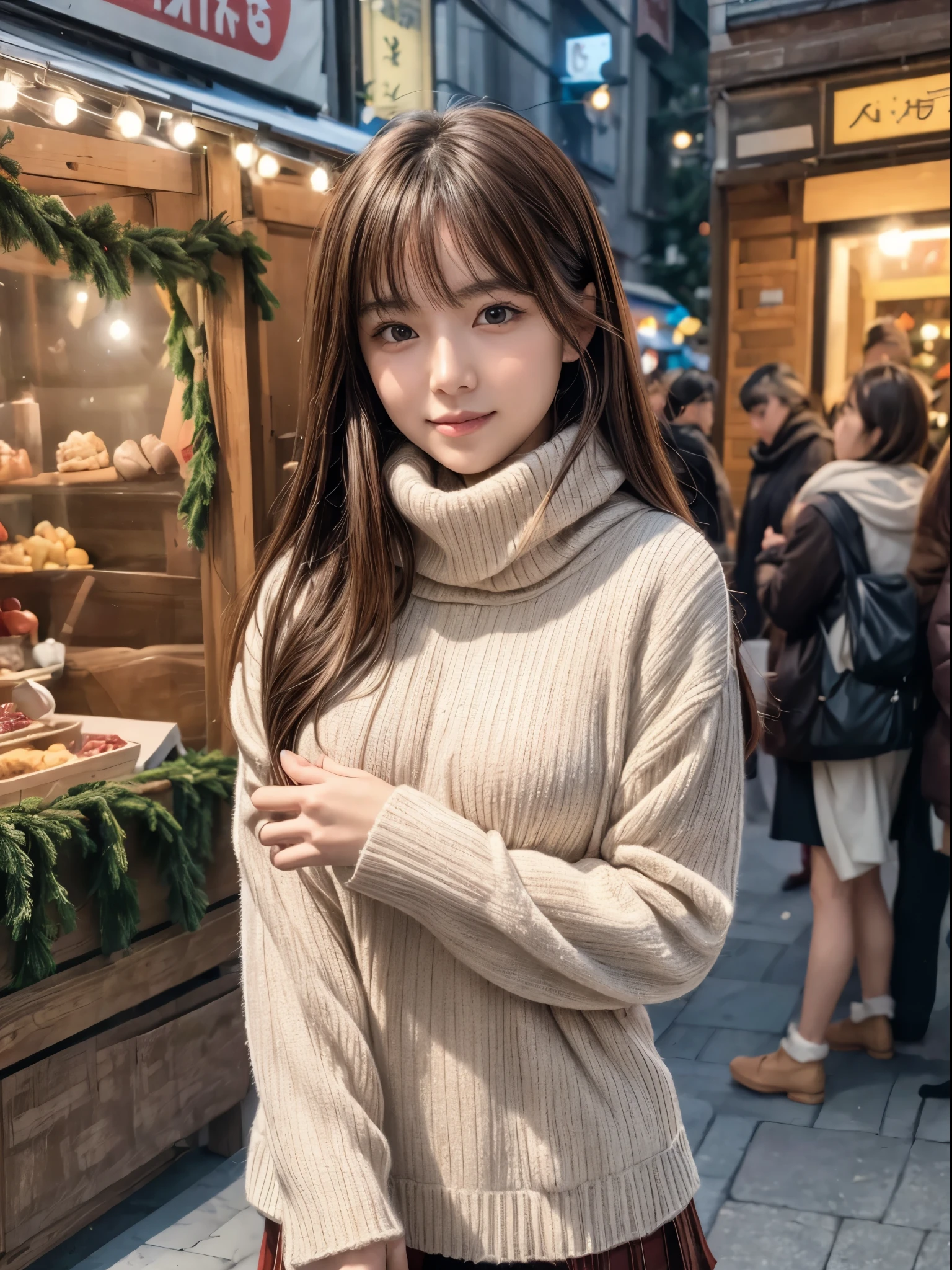 (8k,masterpiece, RAW photo,best quality:1.4),(photo realistic:1.2),(extremely detailed face),(shiny skin),(detailed skin),(detailed face),(extremely beautiful face),1girl,looking at viewer,Japanese idle(actress), brown hair,medium hair,straight hair,asymmetrical bangs,smile,glamor,large breasts, (Fleece jacket, turtleneck sweater, Pleated skirt:1.2), christmas market,high position,professional lighting