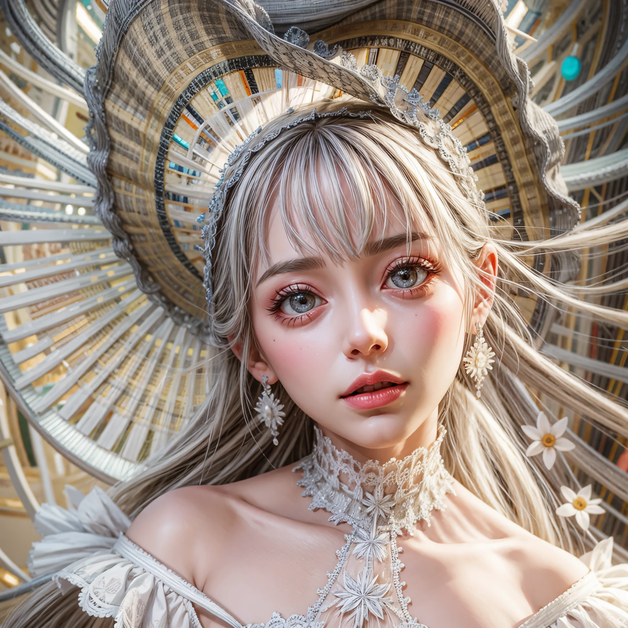 concept art, Tiny junior idol, Delicate lace knitted white clothes, (nipple:-0.9), (face closeup, (Dazzling stained glass Background)), (((Renbutsu Misako), vivid colorful Light shines through delicate stained glass:1.35, Dazzling Halo, Acutance:0.8)), {vivid red |Mystic sight | haze | lense Particle | lens flare | light Particle}. (masterpiece:1.2),(ultra-detailed:1.37),((realistic,photorealistic,photo-realistic:1.37)), (Extremely detailed KAWAII face variations, innocent expression variations), {rosy cheeks | intricate detailed eyes with sparkling highlights | long eyelashes with volume | subtle blush on the face}. {Mystic sight | haze | | blood stained crotch}, impeccable skin texture, captivating gaze, ((Dynamic-angle, physically-based rendering)), whole Body proportions and all limbs are anatomically accurate . full of flowers covering girl's body . (((tongue licking finger, correct hands, not Detailed fingers:-0.9)))
