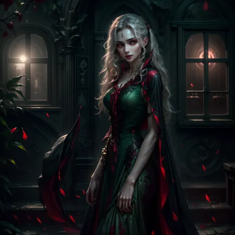 a picture of vampire standing in the front of her home, an exquisite beautiful female vampire in her front door of her home, ful...