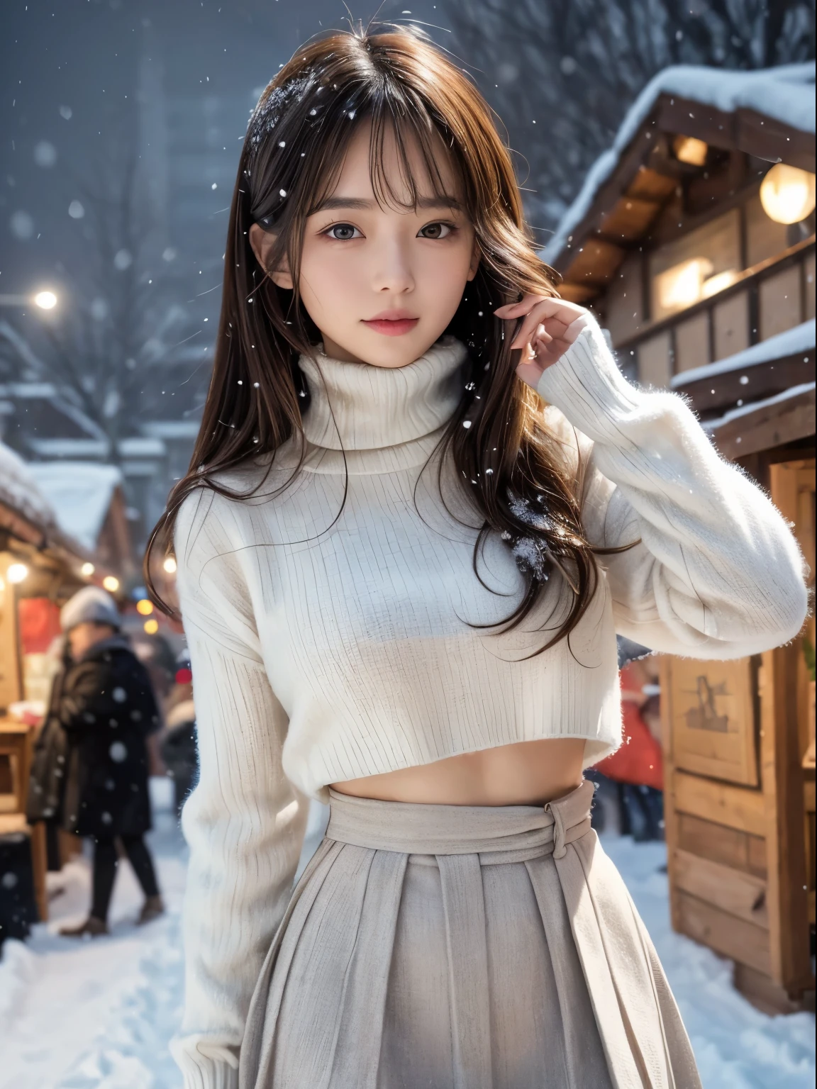 (8k,masterpiece, RAW photo,best quality:1.4),(photo realistic:1.2),(extremely detailed face),(shiny skin),(detailed skin),(detailed face),(extremely beautiful face),1girl,looking at viewer,Japanese idle(actress), brown hair,medium hair,straight hair,asymmetrical bangs,smile,glamor,large breasts, (Fleece jacket, turtleneck sweater, Pleated skirt:1.2), christmas market, (Snow is falling and piling up:1.2),high position,professional lighting