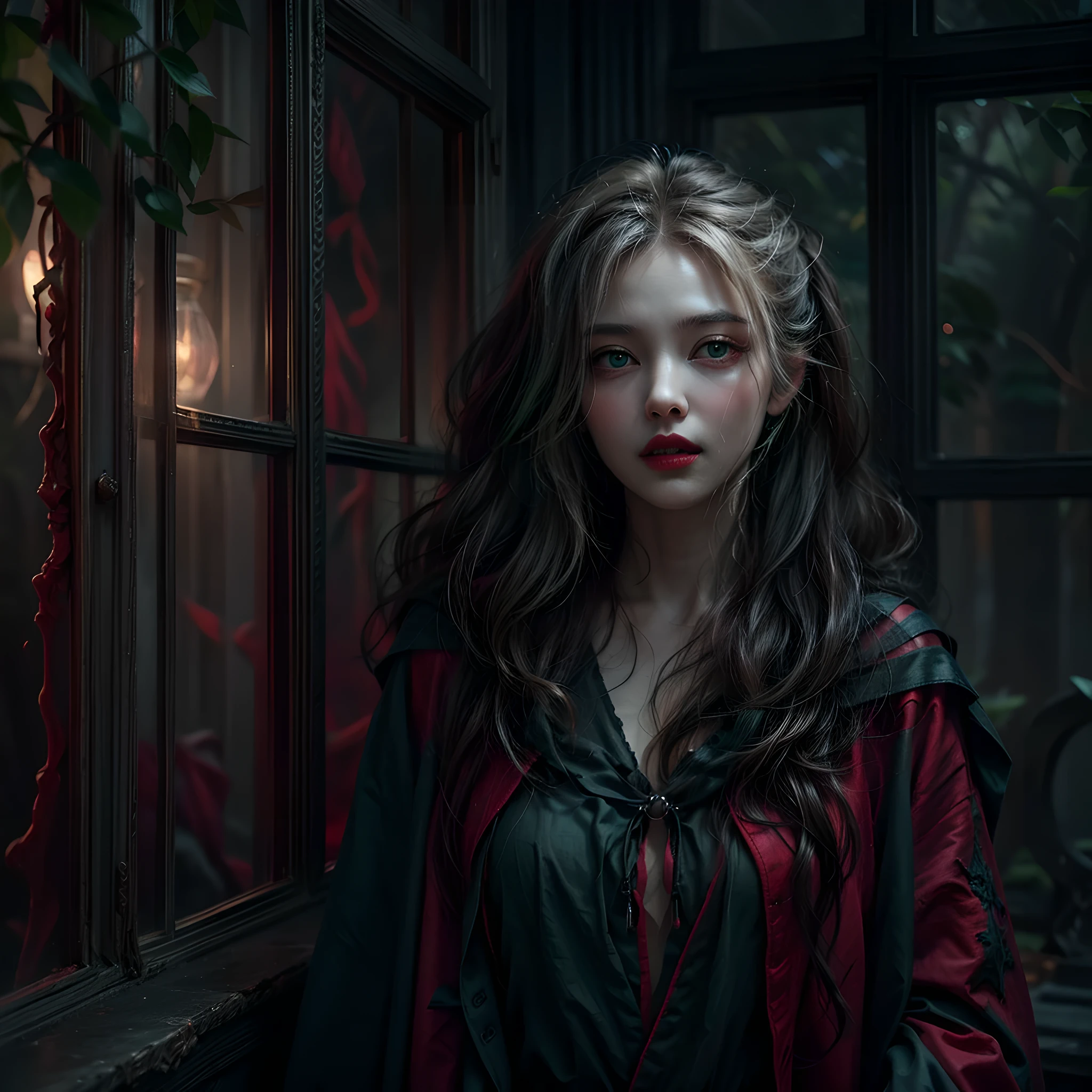 a picture of vampire standing in the front of her home, an exquisite beautiful female vampire in her front door of her home, full body (ultra detailed, Masterpiece, best quality), ultra detailed face (ultra detailed, Masterpiece, best quality), grey skin: 1.3 , blond hair, hair in a ponytail, long hair, blue eyes, cold eyes, glowing eyes, intense eyes, smile with [drops of blood on face] (ultra detailed, Masterpiece, best quality), dark red lips, [vampire fangs], wearing (red: 1.4) dress (ultra detailed, Masterpiece, best quality), (green: 1.4) dark green cloak, (green: 1.3) (green: 1.3) high heeled boots in front of her home,  Cinematic Shot, Cinematic Lighting high details, best quality, 16k, [ultra detailed], masterpiece, best quality, (ultra detailed), full body, ultra wide shot, photorealism, dark fantasy art, moon light coming through the window, moon rays, gothic art, sense of dread, sense of seduction, bloodmagic