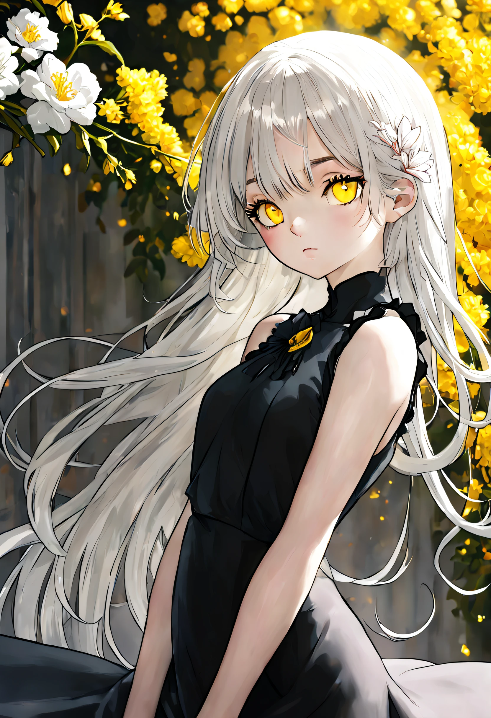 (Best quality at best,A high resolution),gray-haired girl,yellow-eyed,black long dress,sportrait,gentlesoftlighting,vivd colour,Eyebrows are clear,Delicate hair,porcelain skin,Long eyelashes,A pensive expression,setting in nature,flowers in the background