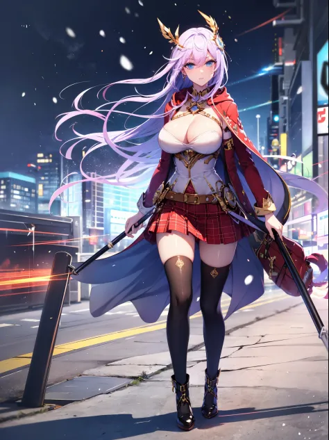 Tang Wutong, big boobs, wearing a hoodie skirt and stockings and boots, walking, city, snowing