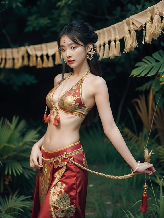 An ancient Chinese beauty，Dance，The ornate costumes are embroidered with intricate embroidery，A long colored streamer is tied around the arm，flowy，Open navel，cropped shoulderare neck，Yingluo，Black coiled hair bun hairpin hairband，The armband is tied with a streamer，Bracelet，Anklets，A metal chain tassel is tied around the waist，Mogao Cave Art，Inspiration for the Dunhuang flying mural，water ink，CGstation is popular ，NSFolden decoration，nipple tassels，Show your toeull bodyesbian --v 6