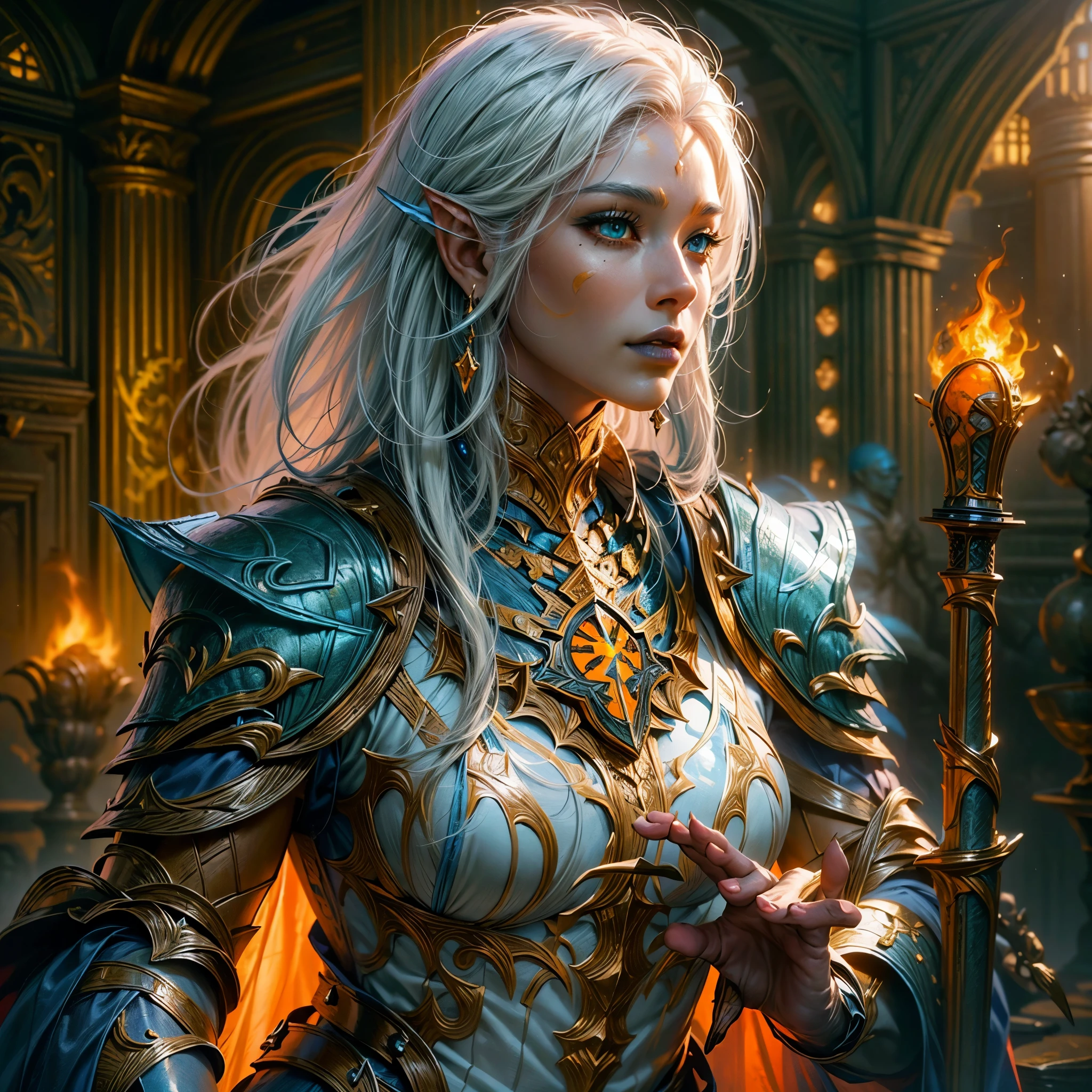 fantasy art, dnd art, RPG art, drkfntasy wide shot, (masterpiece: 1.4) portrait, intense details, highly detailed, photorealistic, best quality, highres, portrait a vedalken female (fantasy art, Masterpiece, best quality: 1.3) (blue skin: 1.5), intense details facial details, exquisite beauty, (fantasy art, Masterpiece, best quality)cleric, (blue colored skin: 1.5) blue skinned female, (white hair: 1.3), long hair, intense green eye, fantasy art, Masterpiece, best quality) armed a fiery sword red fire, wearing heavy (white: 1.3) half plate mail armor CM-Beautiful_armor wearing high heeled laced boots, wearing an(orange :1.3) cloak, wearing glowing holy symbol GlowingRunes_yellow, within fantasy temple background, reflection light, high details, best quality, 16k, [ultra detailed], masterpiece, best quality, (extremely detailed), close up, ultra wide shot, photorealistic, RAW, fantasy art, dnd art, fantasy art, realistic art,