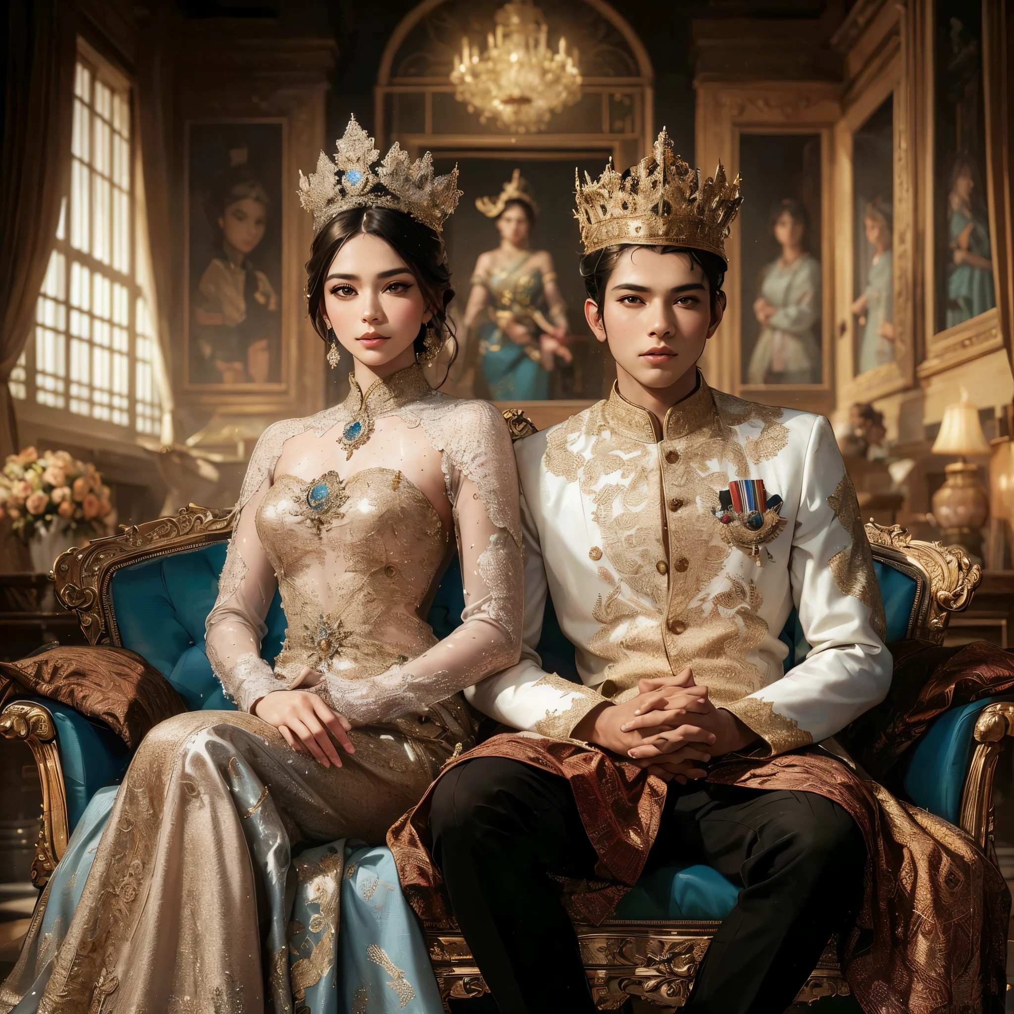 a close up of a man and a woman sitting on a couch, royal portrait, royal elegant pose, royal attire, royal style, seated in royal ease, imperial royal elegant clothing, royal dress, royal portrait painting, bejewelled and encrusted royalty, royal gown, majesty in noble clothes, coronation, monarchy, royality, fanart, futuristic royalty, royal wedding, masterpiece, best quality:1.2),,(8k,highres,RAW photo,realistic,photo-realistic:1.3),(detailed skin texture,detailed cloth texture,beautiful detailed face:1.25),professional lighting,photon mapping,beautiful soft light,radiosity,physically-based rendering,raytracing, model shoot style, model shoot style, (extremely detailed CG unity 8k wallpaper), full shot body photo of the most beautiful artwork in the world,