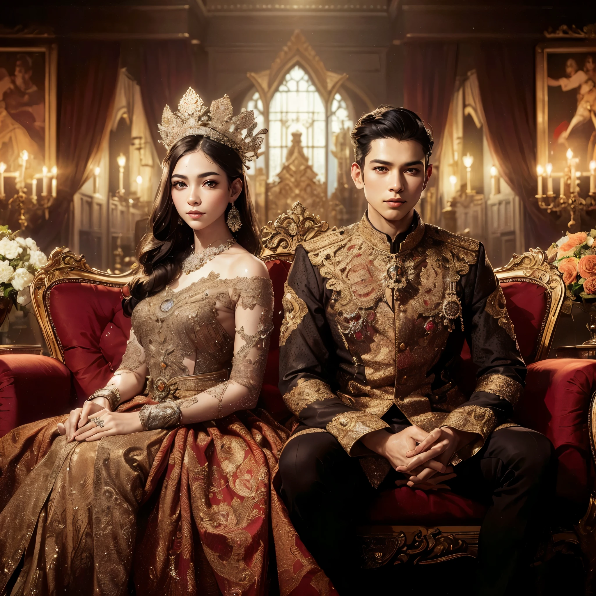 a close up of a man and a woman sitting on a couch, royal portrait, royal elegant pose, royal attire, royal style, seated in royal ease, imperial royal elegant clothing, royal dress, royal portrait painting, bejewelled and encrusted royalty, royal gown, majesty in noble clothes, coronation, monarchy, royality, fanart, futuristic royalty, royal wedding, masterpiece, best quality:1.2),,(8k,highres,RAW photo,realistic,photo-realistic:1.3),(detailed skin texture,detailed cloth texture,beautiful detailed face:1.25),professional lighting,photon mapping,beautiful soft light,radiosity,physically-based rendering,raytracing, model shoot style, model shoot style, (extremely detailed CG unity 8k wallpaper), full shot body photo of the most beautiful artwork in the world,