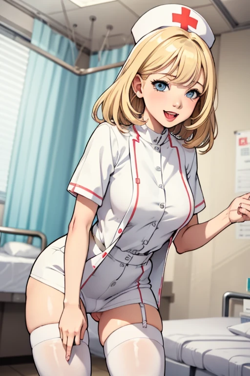 1girl  with young boy patient in, Nurse with boy , Nurse Cap, Whiteware, ((White legwear, zettai ryouiki)), White Gloves, Blonde hair, Blue eyes, pink lipsticks, Smile, Standing, sharp outline, Short sleeves, Best Quality, masutepiece, infirmary, sexy nurse molesting young boy, young boy amazed and excited, nine years old boy with pennis erection