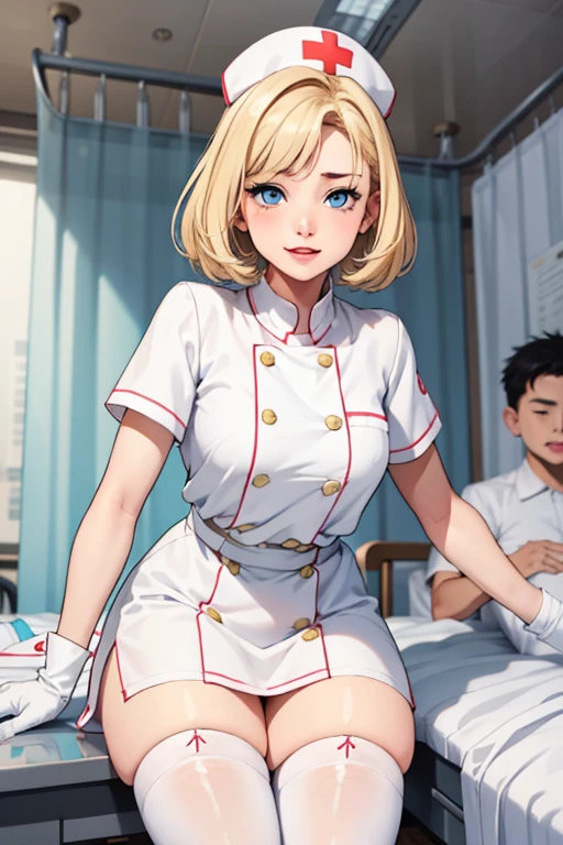 1girl  with young boy patient in, Nurse with boy , Nurse Cap, Whiteware, ((White legwear, zettai ryouiki)), White Gloves, Blonde hair, Blue eyes, pink lipsticks, Smile, Standing, sharp outline, Short sleeves, Best Quality, masutepiece, infirmary, sexy nurse molesting young boy, young boy amazed and excited, nine years old boy with pennis erection