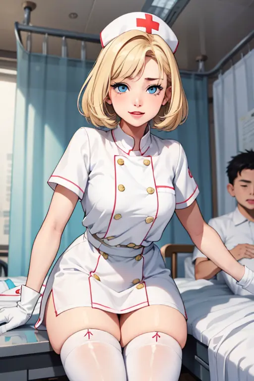 1girl  with young boy patient in, Nurse with boy , Nurse Cap, Whiteware, ((White legwear, zettai ryouiki)), White Gloves, Blonde...