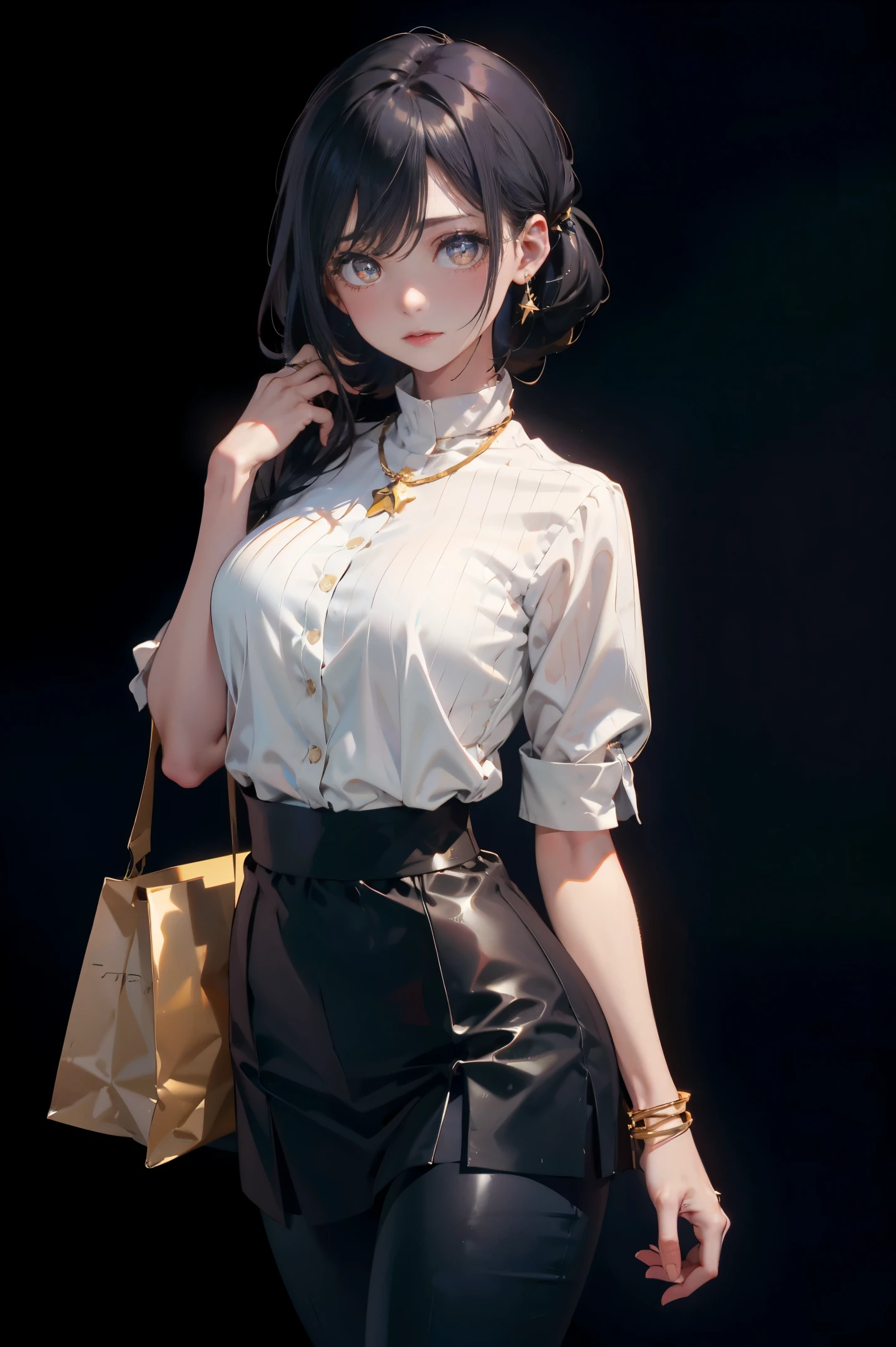 A close up of a woman in a white shirt and black skirt - SeaArt AI