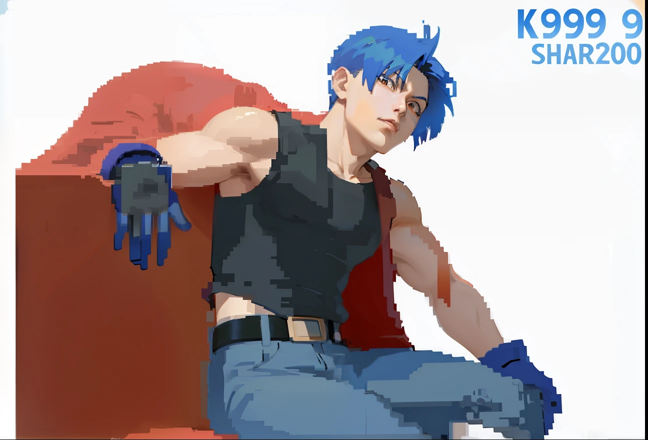 (((K9999 from the King of Fighters 2002))), Tetsuo Shima, 1boy, solo, delinquent boy, tetsuo shima , (K9999 from king of fighters 2002), ((K9999 from king of fighters 2002)), (short hair), blue short hair, brown boots, blue jeans, orange sleeveless skin tight shirt, black gloves, portrait