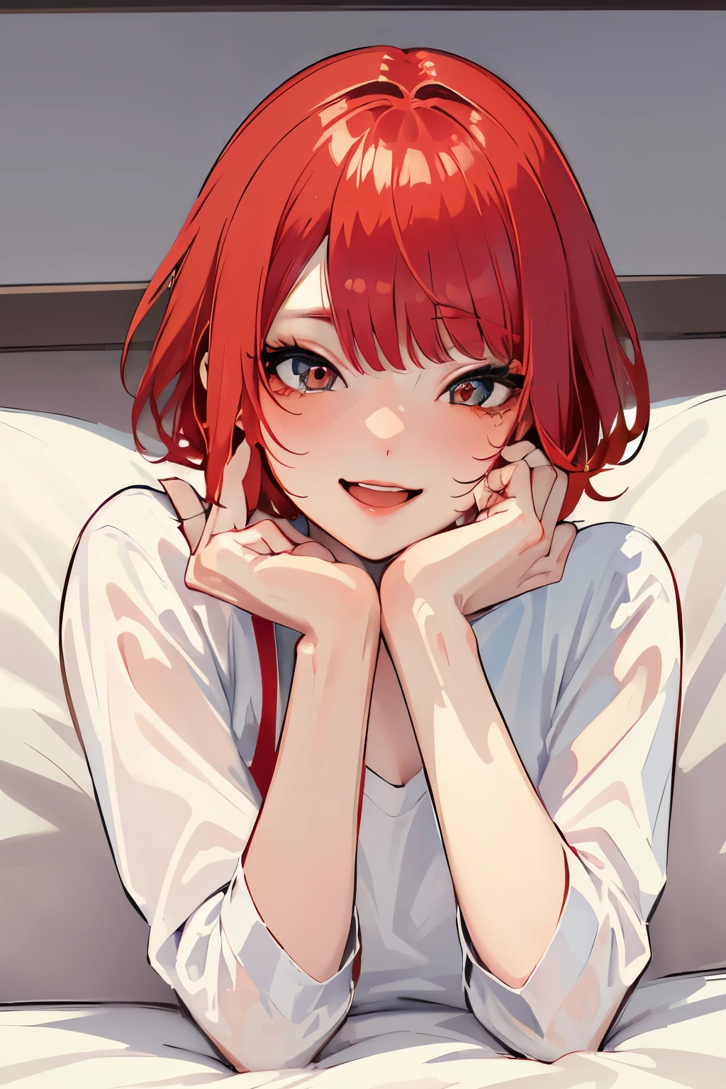 (Best quality, Masterpiece:1.2), Ultra-detailed, Pisipf, 1 girl, Musical solo, Browse the viewer, shirt, Intriguing smile, Reddening cheeks, White canvas, White short-sleeved shirt, Short hair, Simple background, bangs, Red hair, :D Lie all over the bed