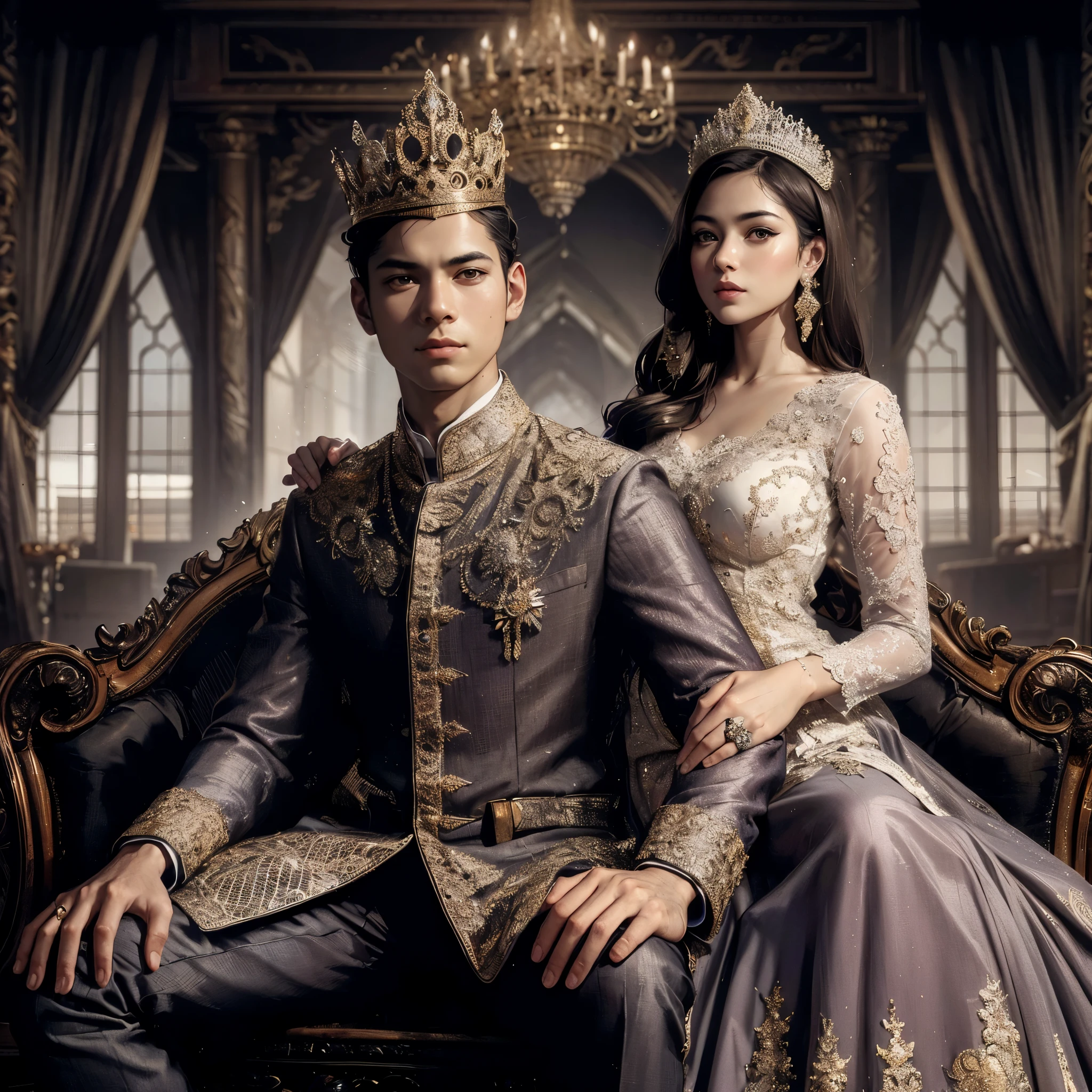 a close up of a man and a woman sitting on a couch, royal portrait, royal elegant pose, royal attire, royal style, seated in royal ease, imperial royal elegant clothing, royal dress, royal portrait painting, bejewelled and encrusted royalty, royal gown, majesty in noble clothes, coronation, monarchy, royality, fanart, futuristic royalty, royal wedding, masterpiece, best quality:1.2),,(8k,highres,RAW photo,realistic,photo-realistic:1.3),(detailed skin texture,detailed cloth texture,beautiful detailed face:1.25),professional lighting,photon mapping,beautiful soft light,radiosity,physically-based rendering,raytracing, model shoot style, model shoot style, (extremely detailed CG unity 8k wallpaper), full shot body photo of the most beautiful artwork in the world,