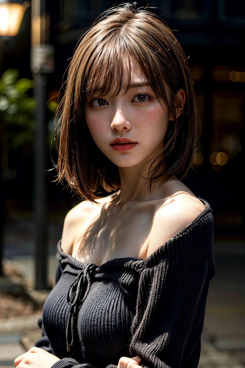 Best Quality, masutepiece, 超A high resolution, (Photorealistic:1.4), Raw photo, 1girl in, off shoulders, In the Dark, deepshadow, lowkey, cold light, Detailed skin