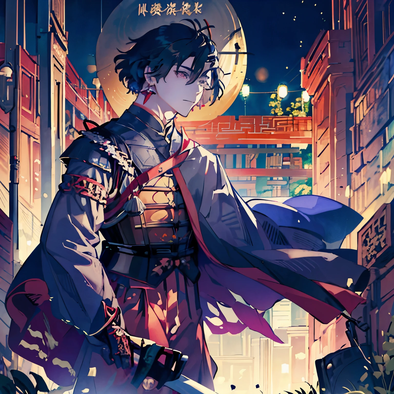 Anime character wearing a kimono costume in front of a building, ((wearing aristocrat robe)), male people、a handsome man,Best Quality、masutepiece、 in a kimono, wearing a haori, in a kimono, jpn,Red earrings、 wearing black robe、Taisho Era、Taisho Modern、Byzantines、rome、New Year