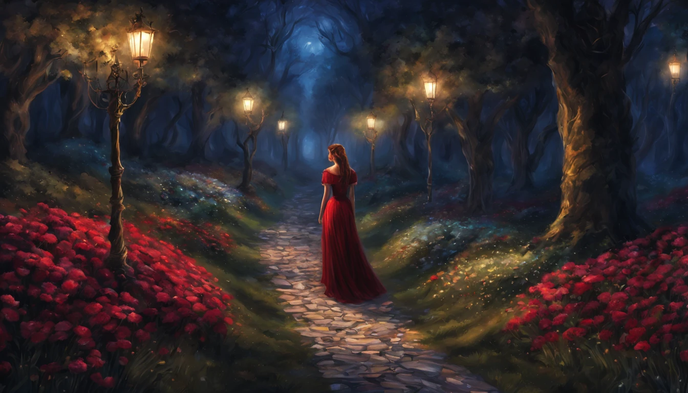 1 girl "Ana de frozen com vestido vermelho vinho", pintura: a view of a path with a path leading to a garden with trees and flowers, Jardim encantado, fantasy gorgeous lighting, paisagem natural noturna, enchanted magical fantasy forest, Wonderland at night, very magical and dreamy, caminho, Lovely lighting, magical ambiance, paisagem lindamente iluminada, foto muito bonita, magic lighting, belo jardim, papel de parede bonito, magical ambiance