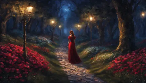 1 girl "ana de frozen com vestido vermelho vinho", pintura: a view of a path with a path leading to a garden with trees and flow...