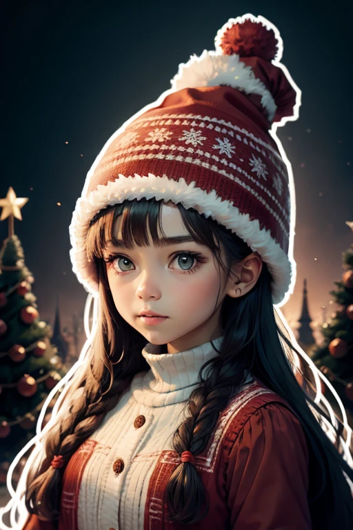 Sticker design, 1girl, Christmas hat, Christmas tree, (by Alexander Jansson), enhance, intricate, (masterpiece, Representative work, official art, Professional, unity 8k wallpaper:1.3)