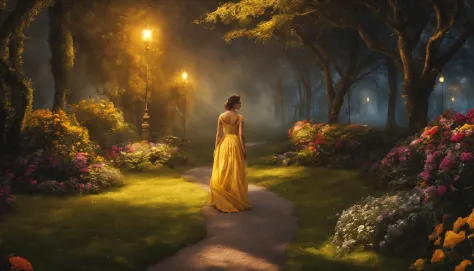 1 girl "ileana d&#39;cruz com vestido amarelo longo", pintura: a view of a path with a path leading to a garden with trees and f...