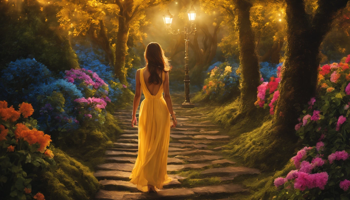 1 girl "Ileana D&#39;Cruz com vestido Amarelo longo", pintura: a view of a path with a path leading to a garden with trees and flowers, Jardim encantado, fantasy gorgeous lighting, paisagem natural noturna, enchanted magical fantasy forest, Wonderland at night, very magical and dreamy, caminho, Lovely lighting, magical ambiance, paisagem lindamente iluminada, foto muito bonita, magic lighting, belo jardim, papel de parede bonito, magical ambiance