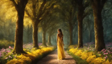 1 girl "ileana d&#39;cruz com vestido amarelo longo", pintura: a view of a path with a path leading to a garden with trees and f...