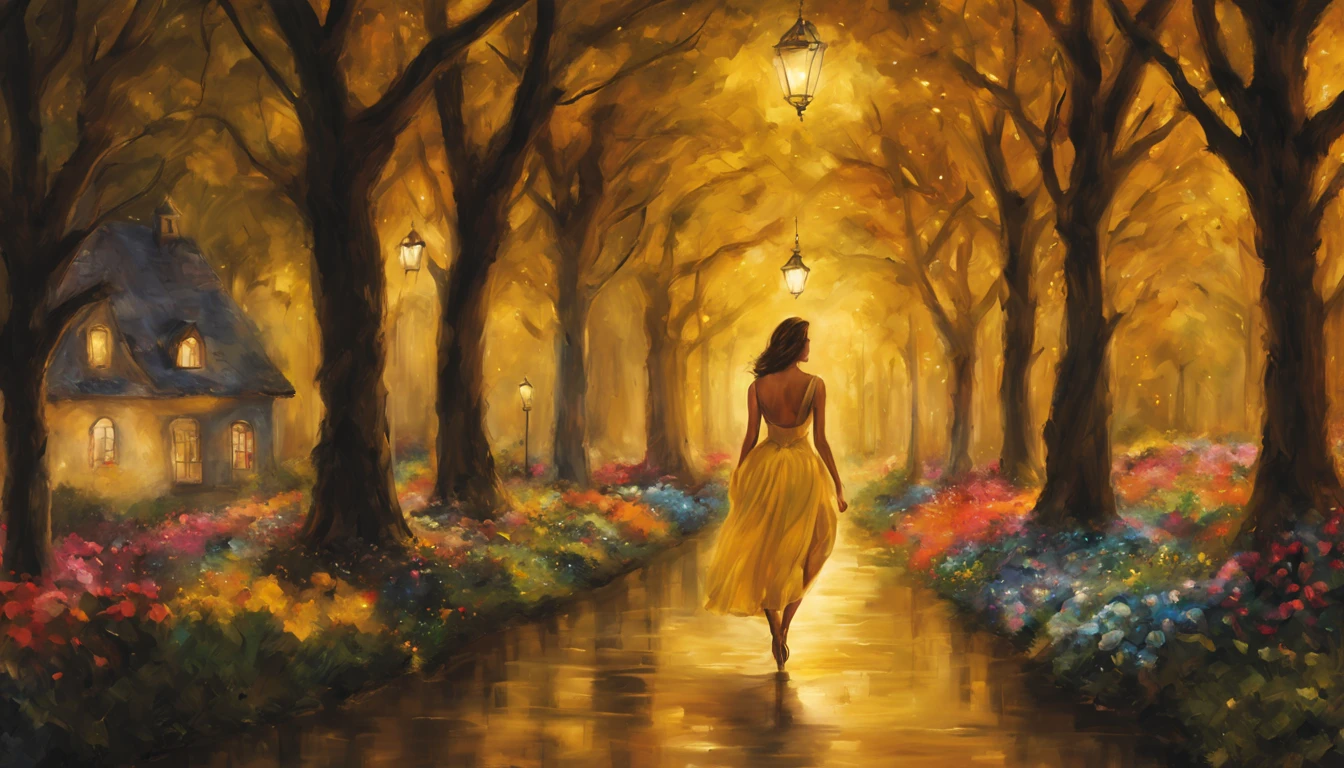 1 girl "Ileana D&#39;Cruz com vestido Amarelo longo", pintura: a view of a path with a path leading to a garden with trees and flowers, Jardim encantado, fantasy gorgeous lighting, paisagem natural noturna, enchanted magical fantasy forest, Wonderland at night, very magical and dreamy, caminho, Lovely lighting, magical ambiance, paisagem lindamente iluminada, foto muito bonita, magic lighting, belo jardim, papel de parede bonito, magical ambiance