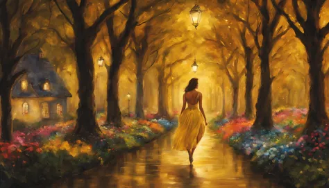 1 girl "Ileana D&#39;Cruz com vestido Amarelo longo", pintura: a view of a path with a path leading to a garden with trees and f...