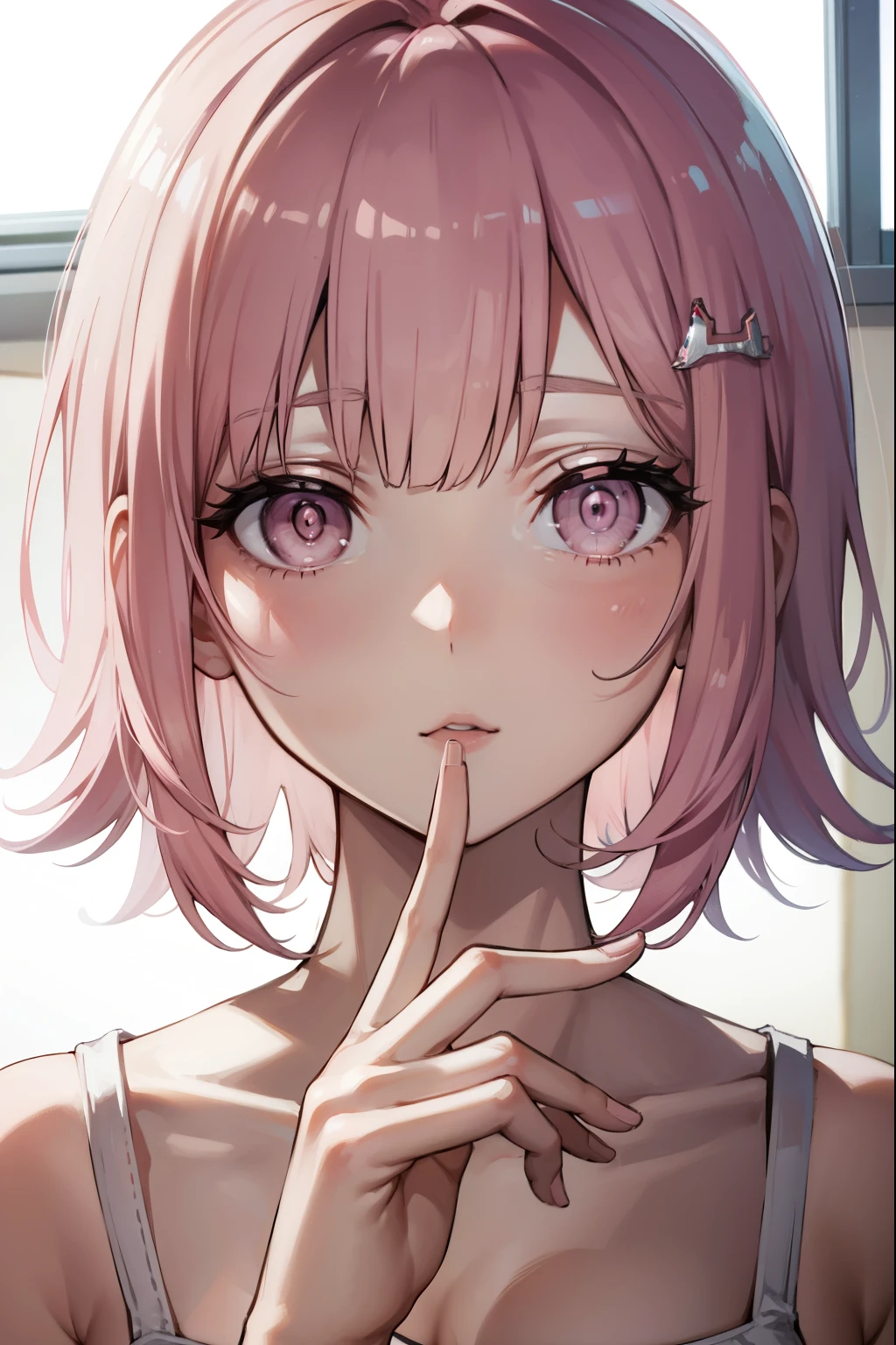 chiakinanami, chiaki nanami, blunt bangs, pink hair, hair ornament, medium hair, large breasts (pink eyes:1.5),
BREAK sexy white bikini
BREAK looking at viewer,
BREAK indoors, classroom,
BREAK (masterpiece:1.2), best quality, high resolution, unity 8k wallpaper, (illustration:0.8), (beautiful detailed eyes:1.6), extremely detailed face, perfect lighting, extremely detailed CG, (perfect hands, perfect anatomy), pfp, up close,