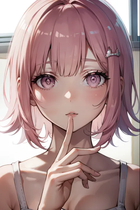 chiakinanami, chiaki nanami, blunt bangs, pink hair, hair ornament, medium hair, large breasts (pink eyes:1.5),
break sexy white...