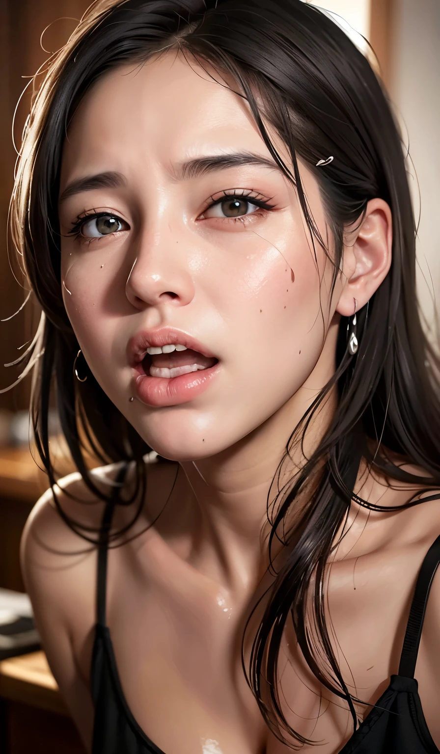 A large amount of milk drips from the mouth、Open your mouth wide to the maximum、Wearing sweat、Tears overflow、Facial expressions reached、Black eyes、ultra realistic digital painting、very realistic digital art、Photorealistic Digital Painting Photorealistic Beautiful Face、ultrarealistic digital art