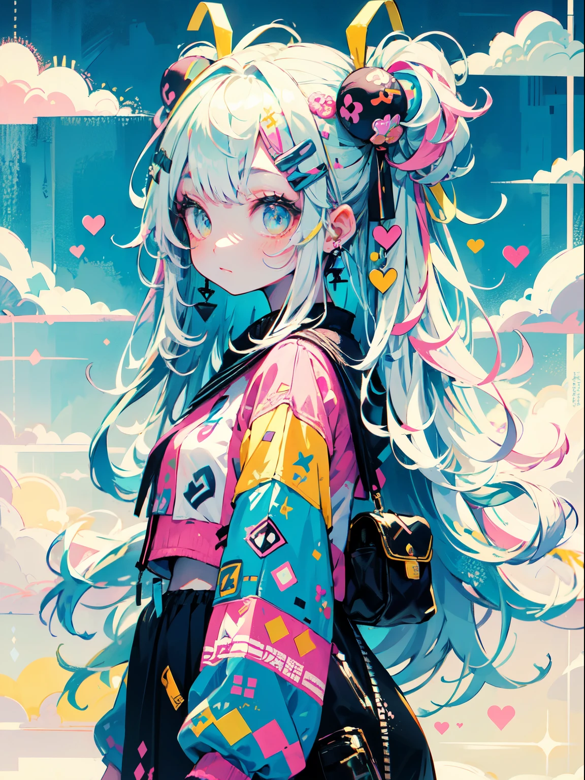 "kawaii, Cute, Adorable girl in pink, yellow, and baby blue color scheme. She wears sky-themed clothing with clouds and sky motifs. Her outfit is fluffy and soft, With decora accessories like hair clips. She embodies a vibrant and trendy Harajuku fashion style."